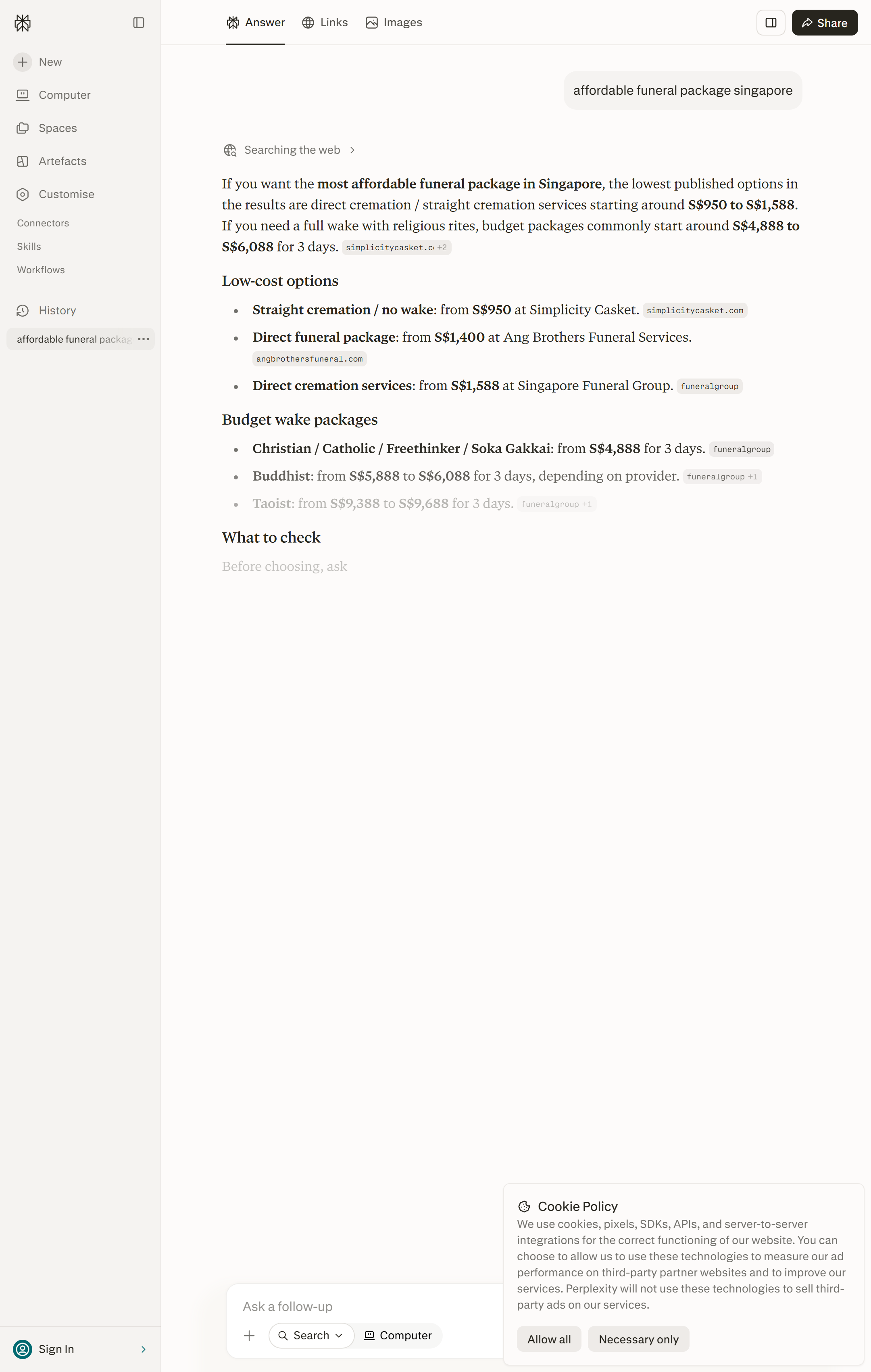 Perplexity naming Singapore Funeral Group